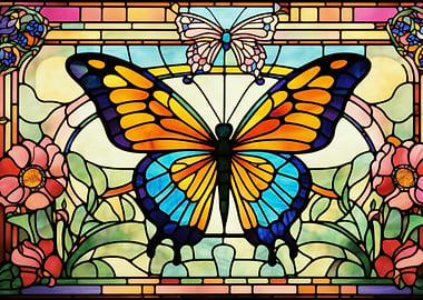 Stained Glass Butterfly and Floral Design