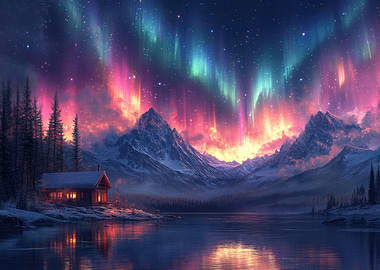 Cabin under the Aurora Borealis
