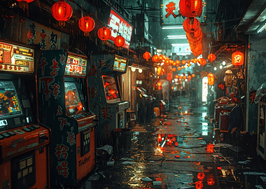 Rainy Japanese Arcade Alley at Night
