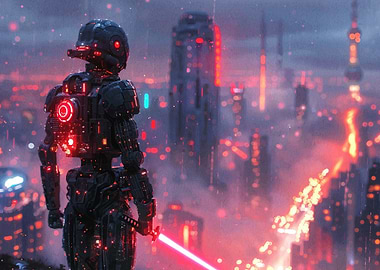 Cyberpunk Warrior Overlooking Neon Cityscape