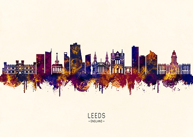 Leeds England Skyline Watercolor Silhouette