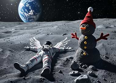 Astronaut and Snowman on the Moon