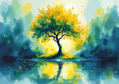 Watercolor Tree Reflection Landscape Art