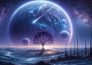 Cosmic Landscape with Tree and Planets