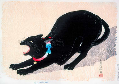 Stretching Black Cat Japanese Woodblock Print