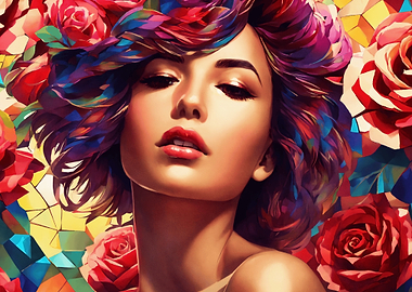Woman with Colorful Hair and Roses