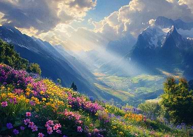 Mountain Valley with Flowers and Sunlight