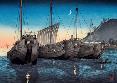 Japanese Ships at Night Ukiyo-e Print