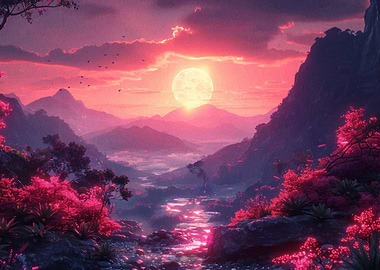 Pink Sunset Mountain Landscape with River