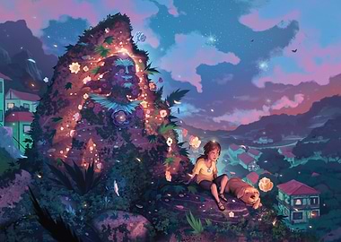 Girl and Dog by Floral Statue