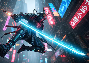 Cyberpunk Samurai in Neon Cityscape