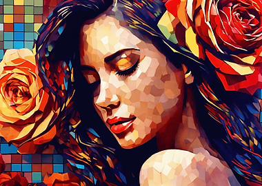 Woman with Roses, Abstract Portrait