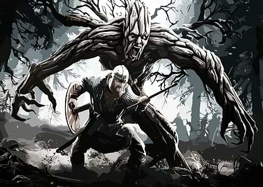 Warrior Facing Tree Monster in Forest