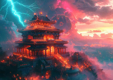 Ornate Temple Amidst Stormy Skies