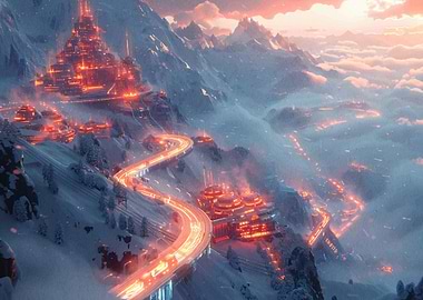 Futuristic Cityscape in Snowy Mountains
