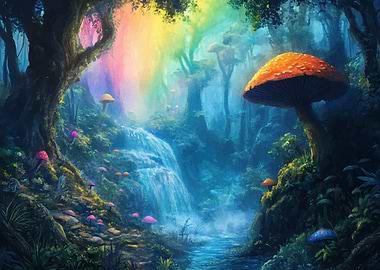 Enchanted Forest with Rainbow Waterfall