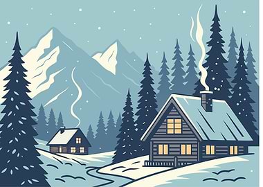 Winter Cabin in Snowy Mountain Landscape