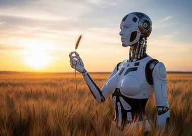 Humanoid Robot in wheat field at sunset