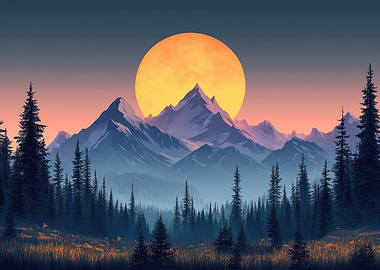 Mountain Landscape with Full Moon