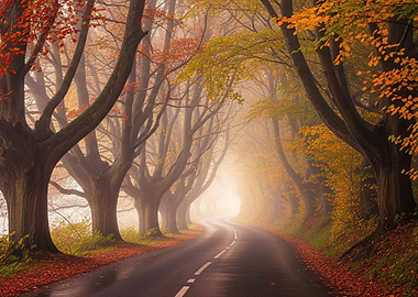 Autumn Road Through Trees in Fog