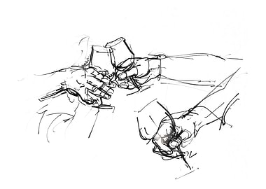Sketch of hands toasting with wine