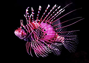 Pink Lionfish Portrait on Black Background