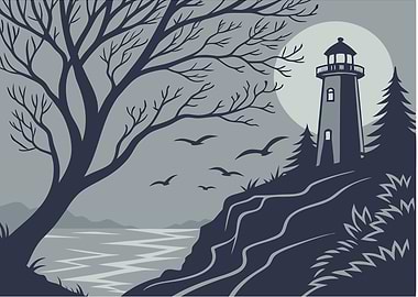 Monochromatic Lighthouse Landscape with Birds