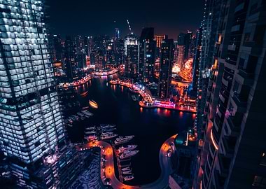 night cityscape with marina view