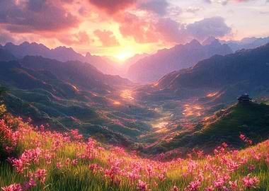 Mountain Valley at Sunset with Flowers