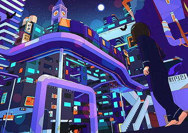 Night Cityscape with Elevated Train