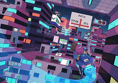 Cyberpunk Cityscape with Motorcycle Ride