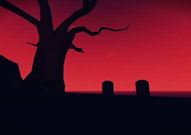 Silhouette Graveyard with Red Sky