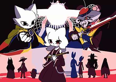 Cartoon characters in a stylized scene