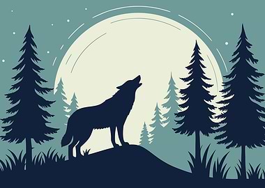 Wolf Howling at the Moon Silhouette