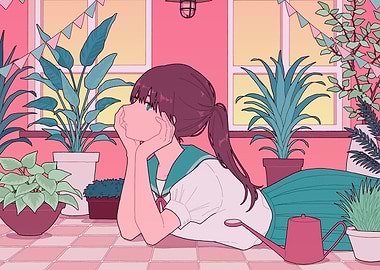 Anime Girl with Plants and Watering Can