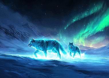 Glowing Wolves Under Aurora Borealis