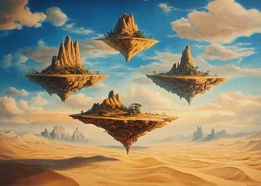 Floating Islands in Desert Landscape