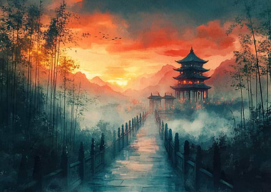 Asian Landscape with Pagoda and Bridge