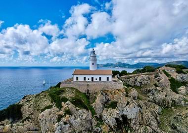 Lighthouse on Rocky Coastline with Sailboat