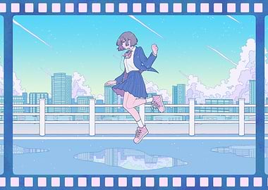Anime Girl Jumping in Cityscape Frame