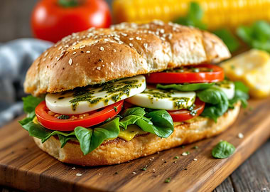 Caprese Sandwich on Wooden Board