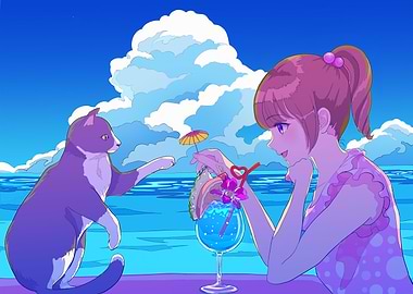 Anime Girl with Cat and Cocktail