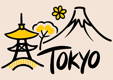 Tokyo Illustration with Pagoda and Fuji