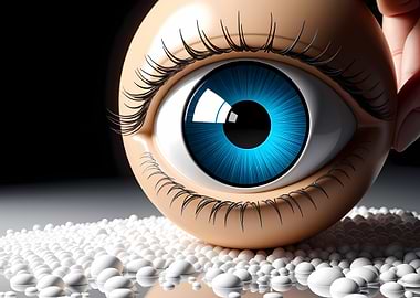 Giant Blue Eyeball with Lashes — Surreal 3D Close-Up on White Spheres