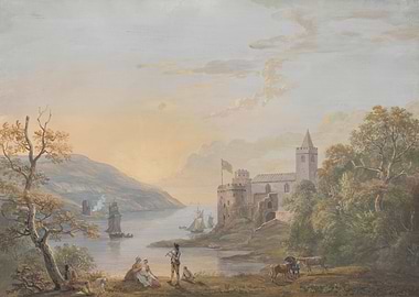 Coastal Castle Landscape Painting with Figures