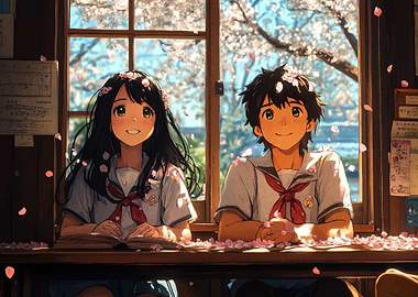 Anime students in classroom with cherry blossoms