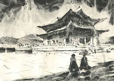 Gyeongbokgung Palace Seoul Korea monochromatic watercolor landscape