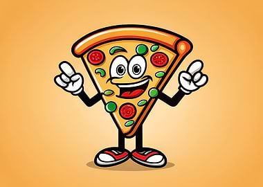 Happy Pizza Slice Mascot — Cartoon Character with Sneakers on Orange Background