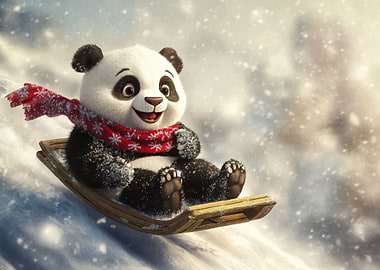 Panda Sledding in Winter Wonderland