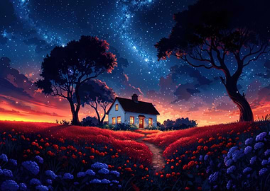 House in a Field at Night